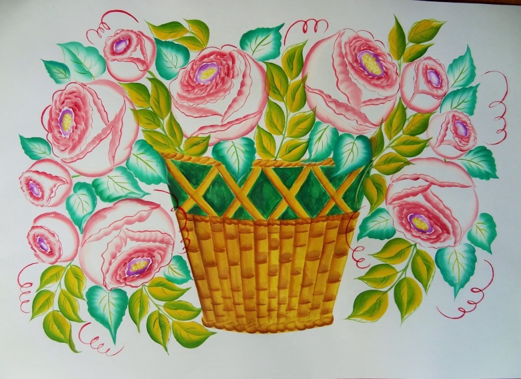 Корзинка с цветами рисунок красками