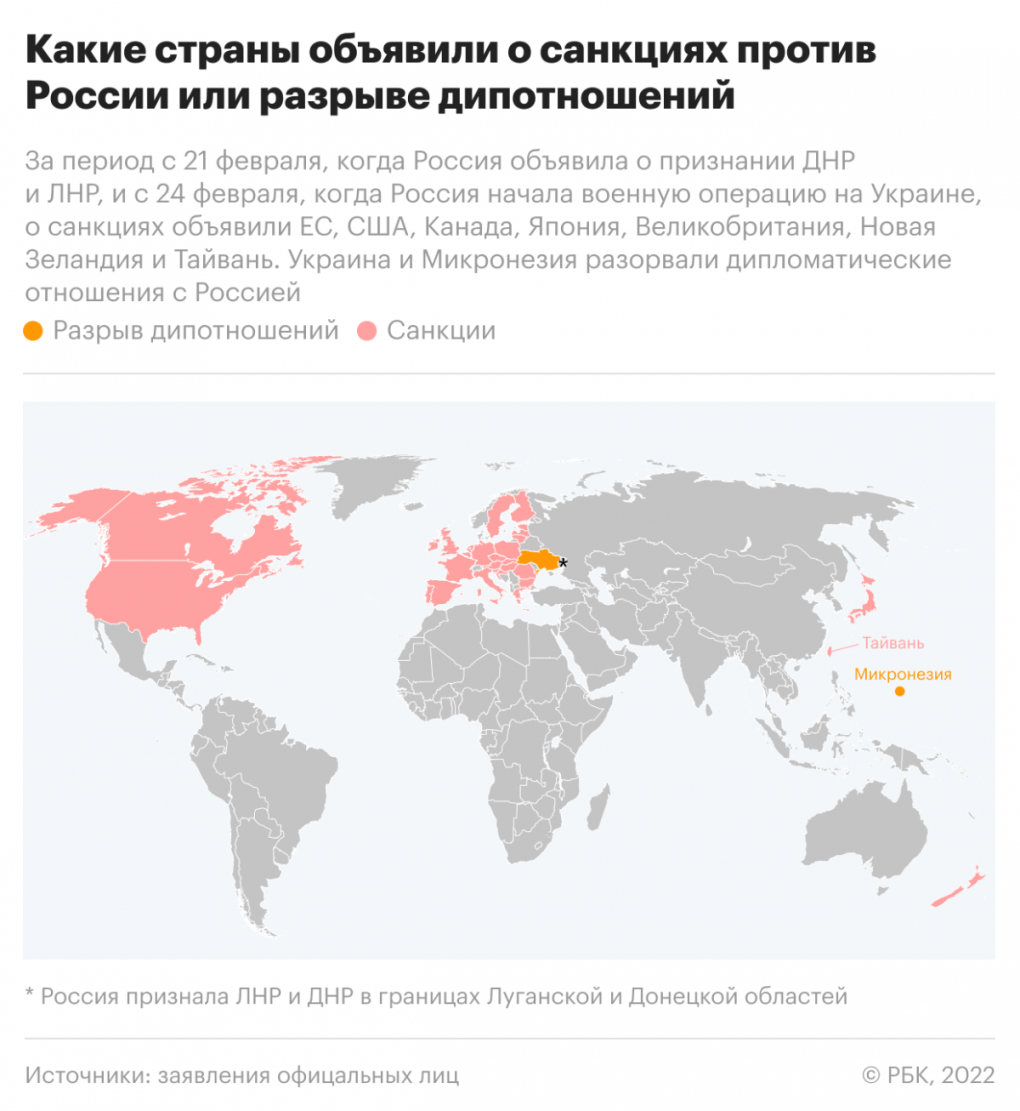 Карта стран которые ввели санкции против РФ